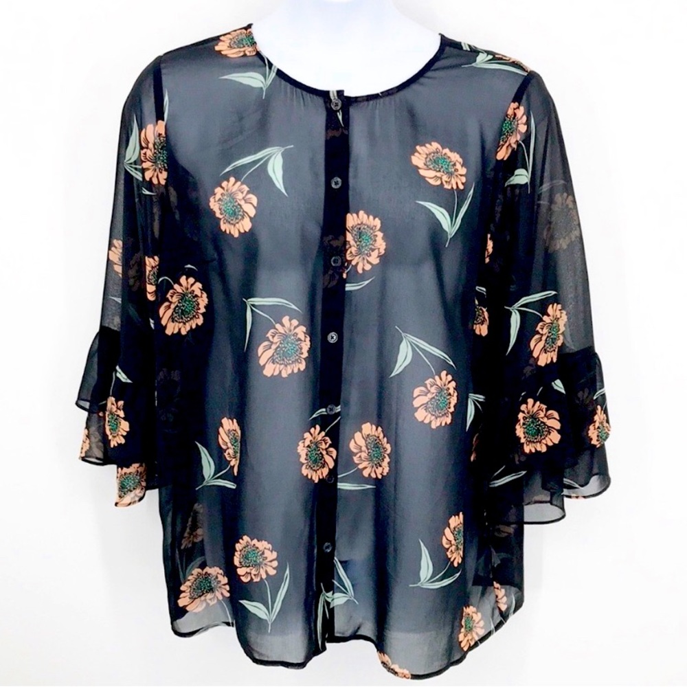 CAbi 5206 Black La Di Da Floral Ruffle Bell Sleeve Button Down Blouse Size XL
